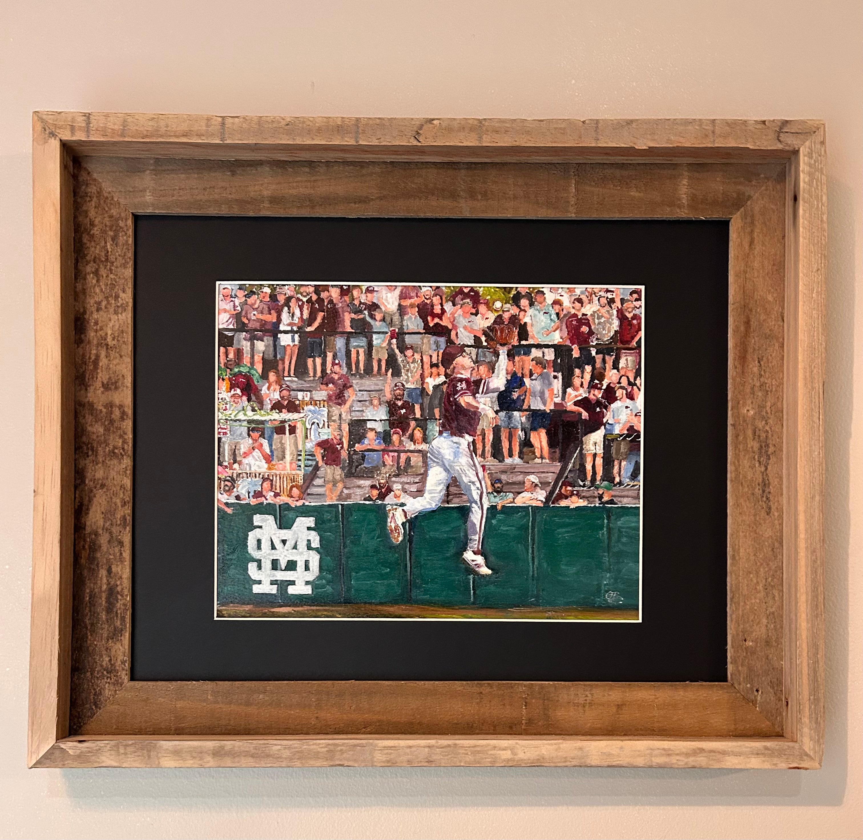 Original "Left Field Lounge" oil painting with rustic wooden frame signed by artist.